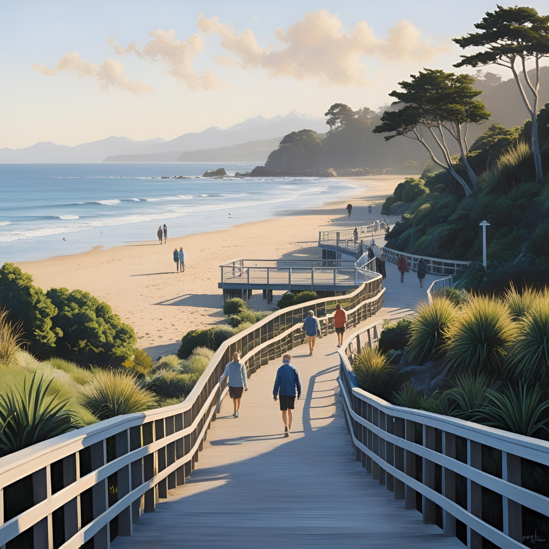 A concept drawing of people walking along a boardwalk beside a beach with a lookout area.