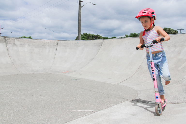 Scooting at Aōtaki Street Skatepark