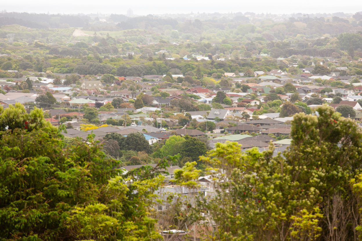 Photo of houses and trees in a suburb from above.