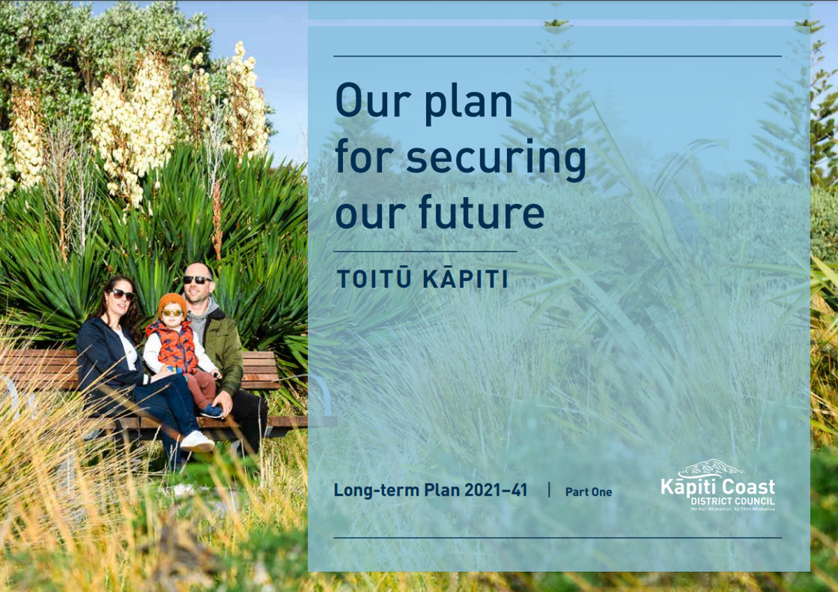 Cover of our Long-term Plan 2021–41 document titled 'Our plan for securing our future | Toitū Kāpiti'. A family sit in the sun on a park bench.
