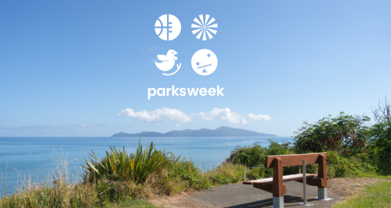 Parks bench at Ames Reserve, Paekākāriki, with stunning view out across the coastline and Kāpiti Island.