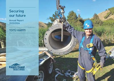 Front cover of the Annual Report 2023/24 – Securing our future. It shows a contractor craning a pipe off the back of a truck.