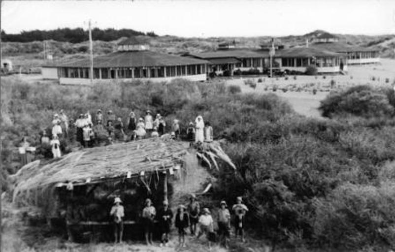 Children building a play hut, 1932. The ‘rotunda’ dormitories are in the background. Ōtaki Historical Society Inc. Collection.