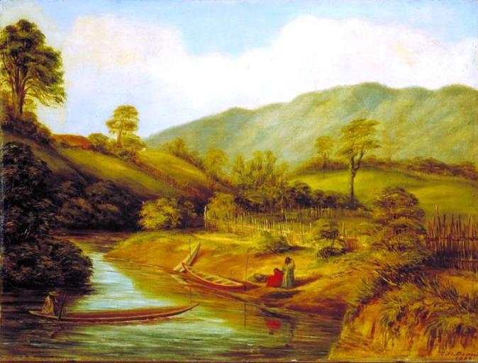 River scene near this site, 1852 Waikanae, by Charles Decimus Barraud, Rex Nan Kivell Collection, National Library of Australia.