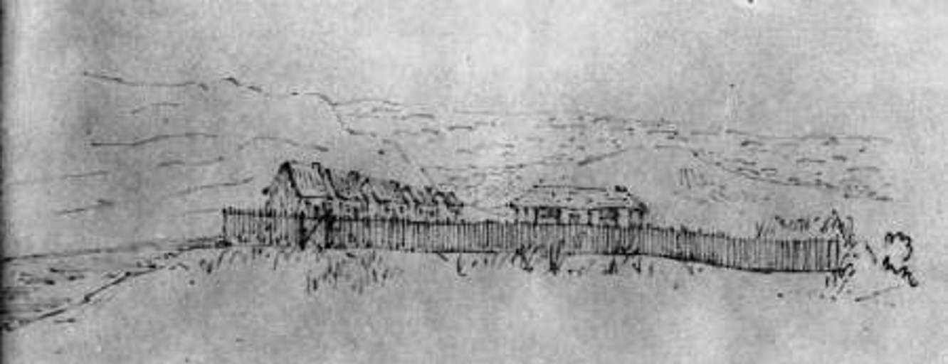 Durie‘s house and the police barracks. The five constables’ huts were '16 feet long having thatched roofs and supplejack chimney and single boarded’. The nearby river later washed the building away. ‘Waikanai 1852’, pencil sketch by Robert Wynyard, ATL.