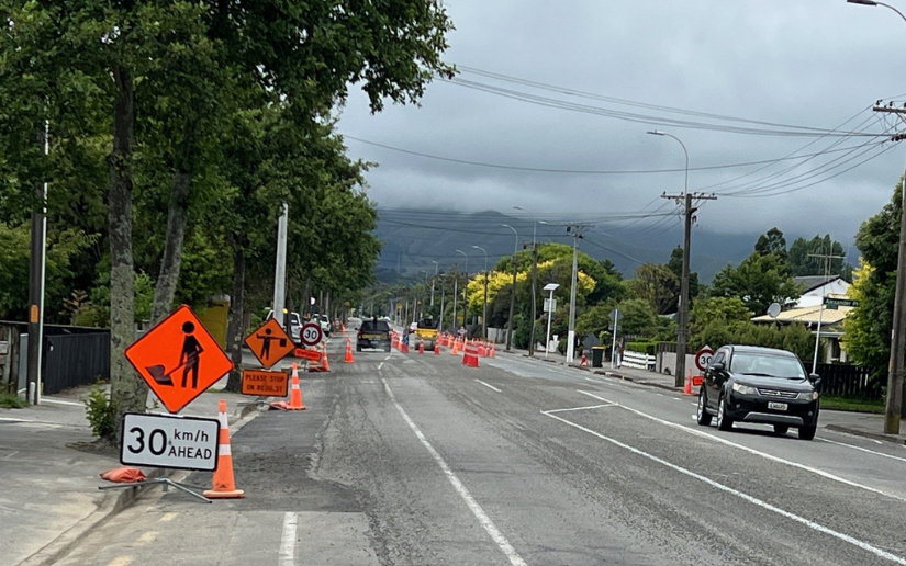 Traffic management in place in Ōtaki while pipes are laid for the wastewater upgrade.