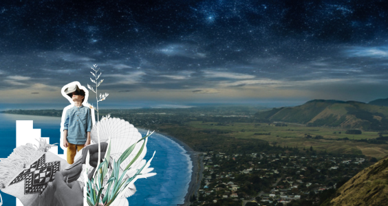 Composite photo showing the sweep of the Kāpiti Coast looking north, under a starry sky, with a young person wearing a virtual reality set superimposed on the foreground.