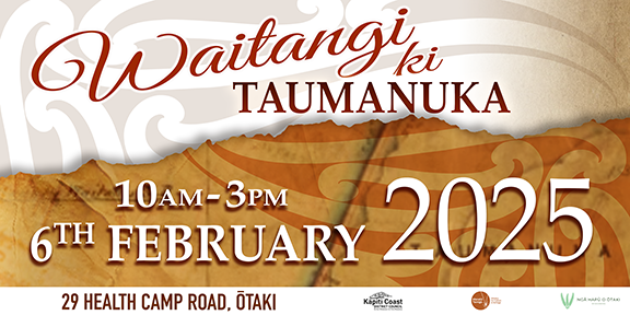 Waitangi ki Taumanuka event poster. Event details: 10am–3pm, 6 February 2025, 29 Health Camp Road, Ōtaki