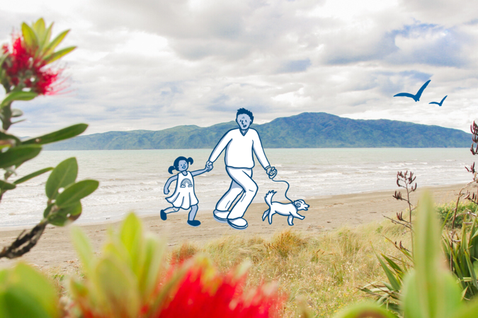 Photo of Kāpiti Island from Paraparaumu Beach, with pōhutukawa leaves and flowers in the foreground, and a Vision Kāpiti cartoon father and child with dog walking on the beach.